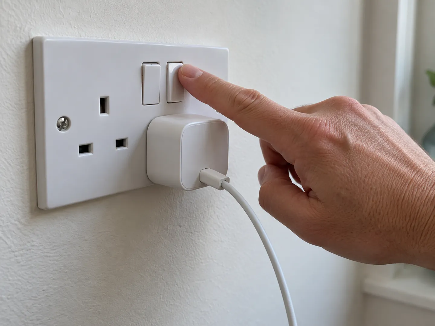A finger pressing the switch of a white UK wall socket to turn off a plugged-in charger