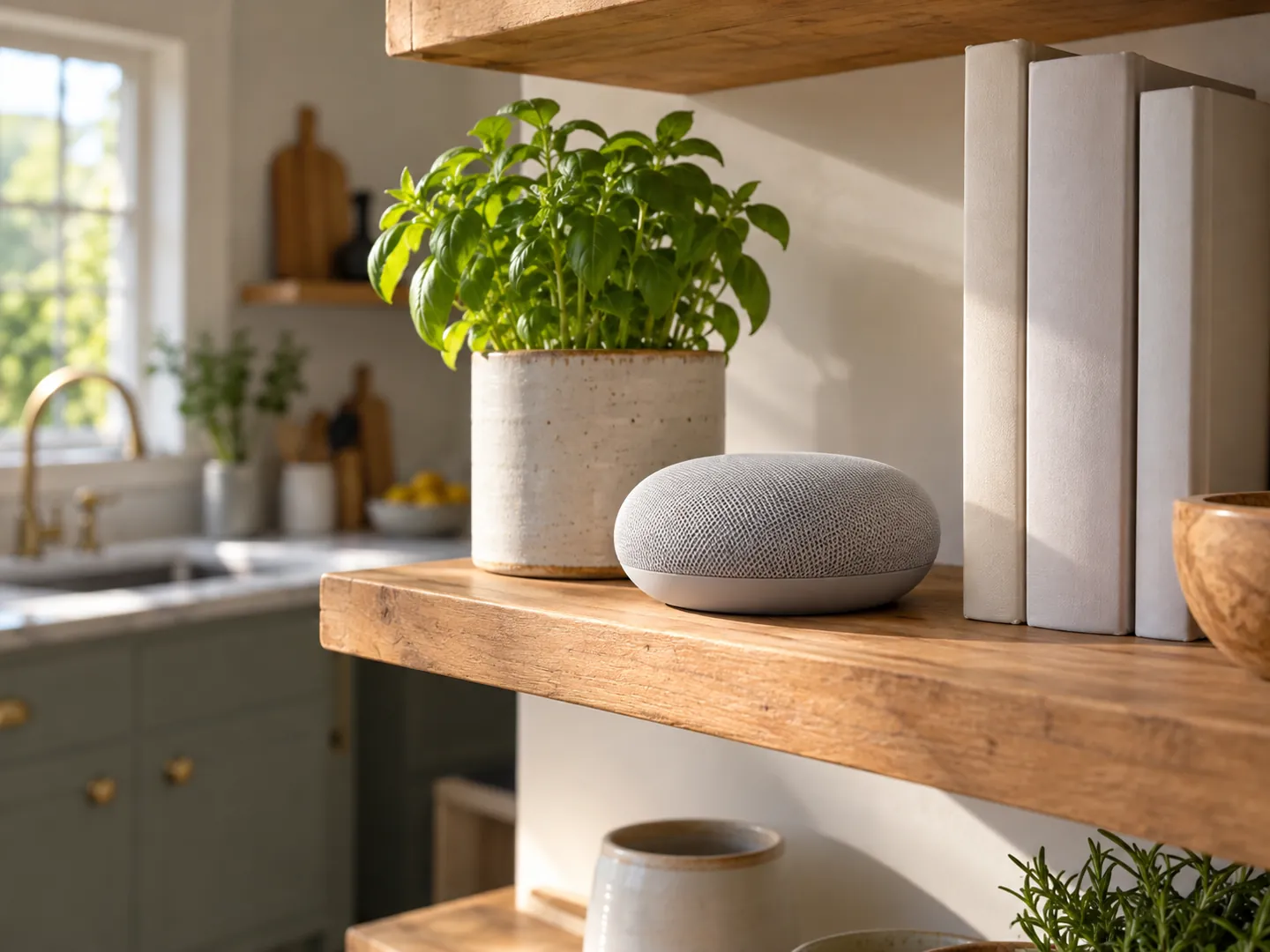 A small fabric-covered smart speaker on a kitchen shelf beside a plant and some cookbooks