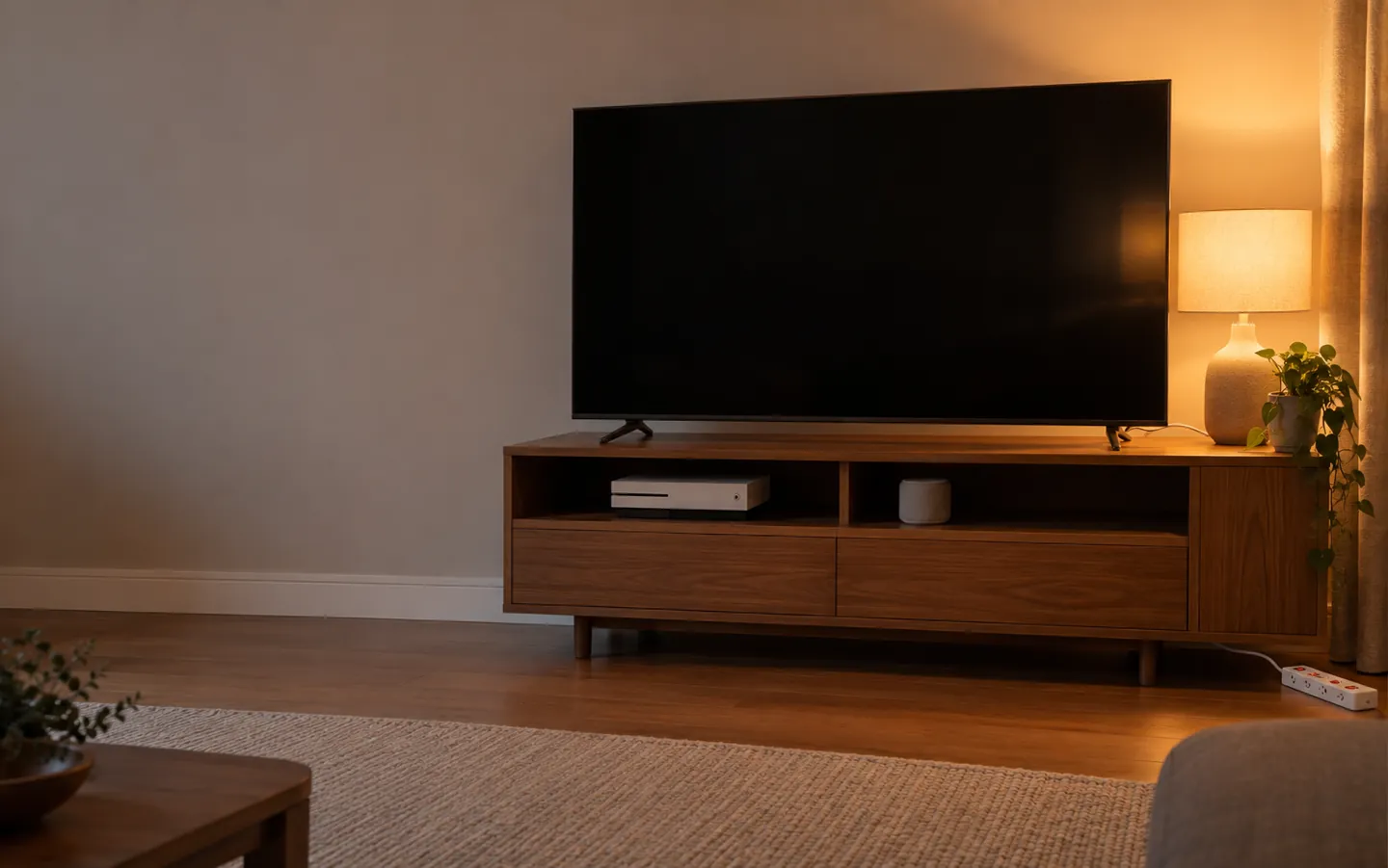 A tidy living room in warm lamp light with the television switched off on a wooden TV unit and a games console on the shelf below